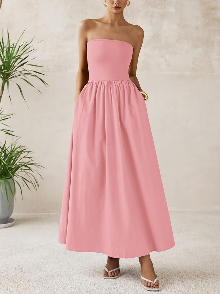 PRETTYGARDEN Women 2026 Summer Elegant Strapless Maxi Dress Tube Top Dress A Line Flowy Long Wedd... | Amazon (US)