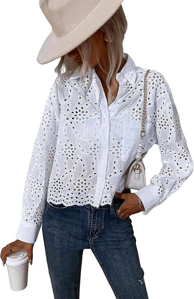 SheIn Women's Long Sleeve Drop Shoulder Eyelet Embroidery Button Up Blouse Tops | Amazon (US)