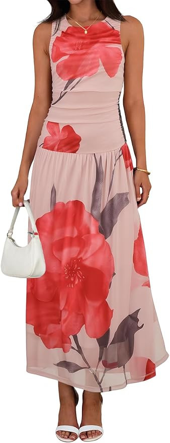 Wenrine Womens Summer Floral Maxi Dress Casual Sleeveless A Line Swing Flowy Beach Vacation Tank ... | Amazon (US)