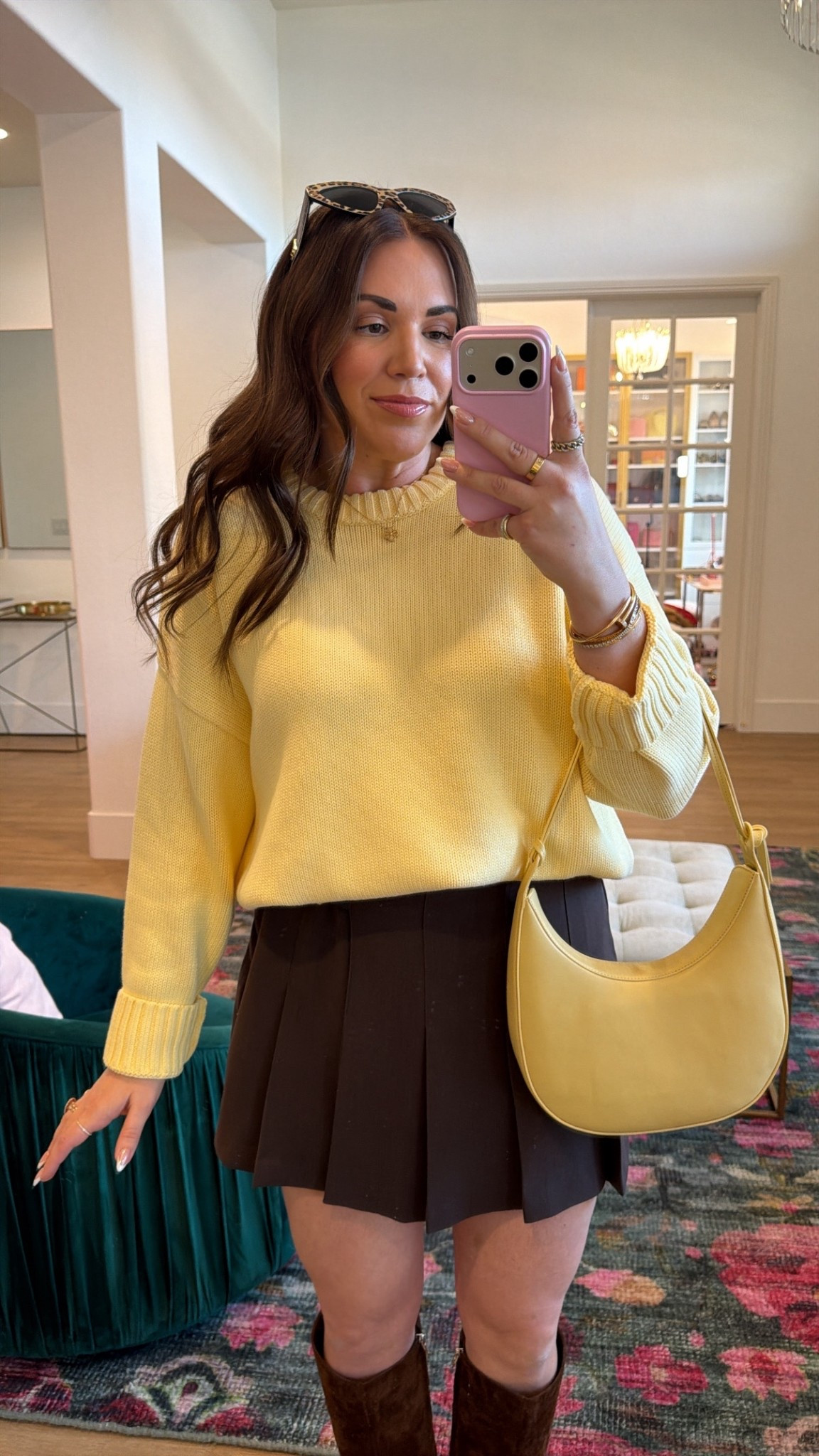 curvy midsize butter yellow and chocolate brown winter outfit! wearing size large in butter yellow sweater, size large in brown skirt, and size large in brown wool coat 

#LTKSeasonal #LTKFindsUnder100 #LTKMidsize