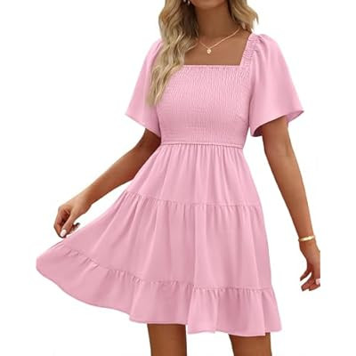 BTFBM Womens Summer Smocked Mini Dress Spring Square Neck Flutter Sleeve Ca… | Amazon (US)
