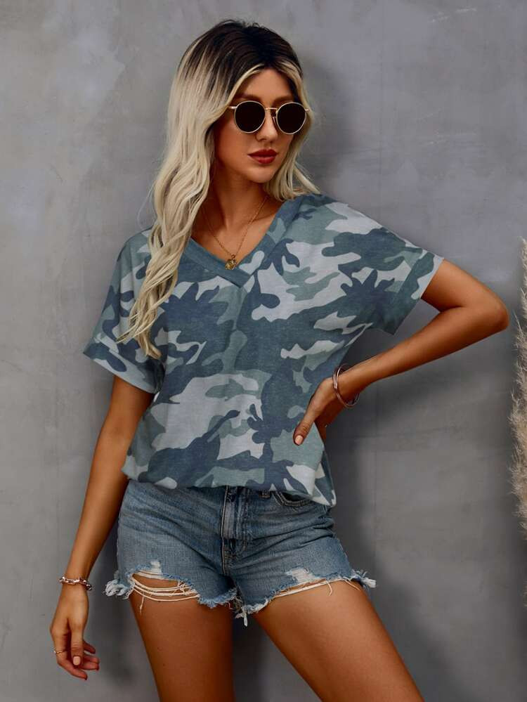 Camo Print Batwing Sleeve Tee | SHEIN