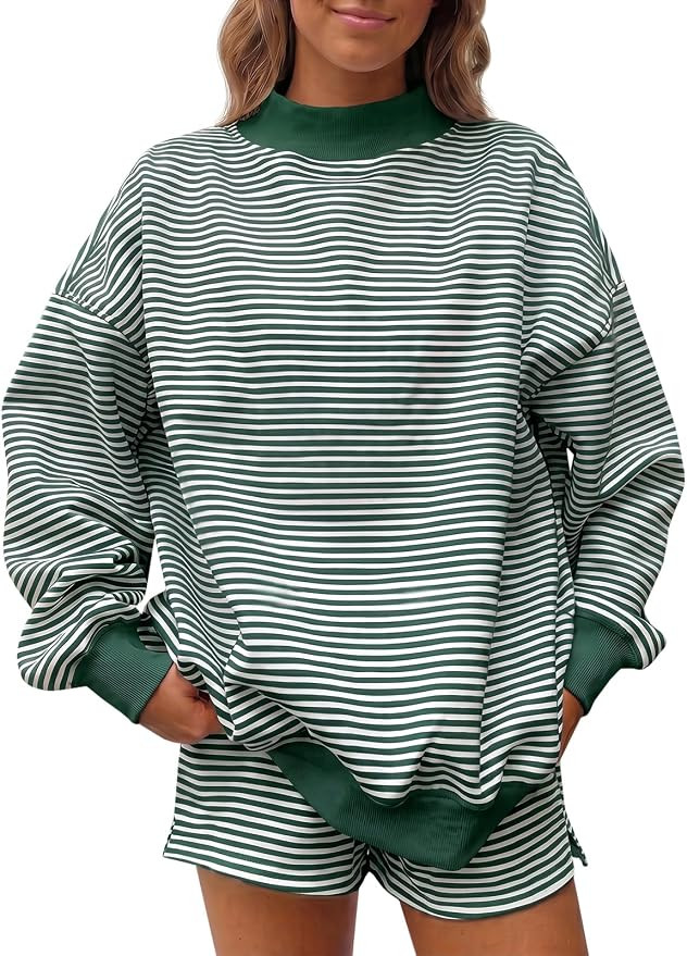 Fisoew Womens Striped 2 Piece Matching Sets Mock Neck Workout Lounge Outfit | Oversized Sweatshir... | Amazon (US)