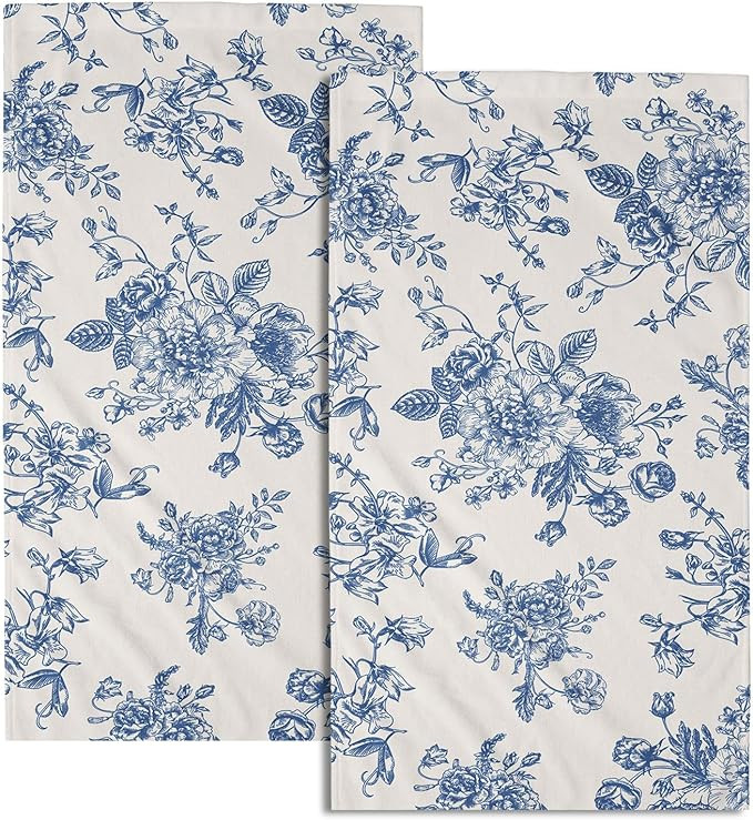 Vintage Floral Hand Towels for Bathroom Set of 2 Retro Blue and Cream Flower Absorbent Kitchen To... | Amazon (US)
