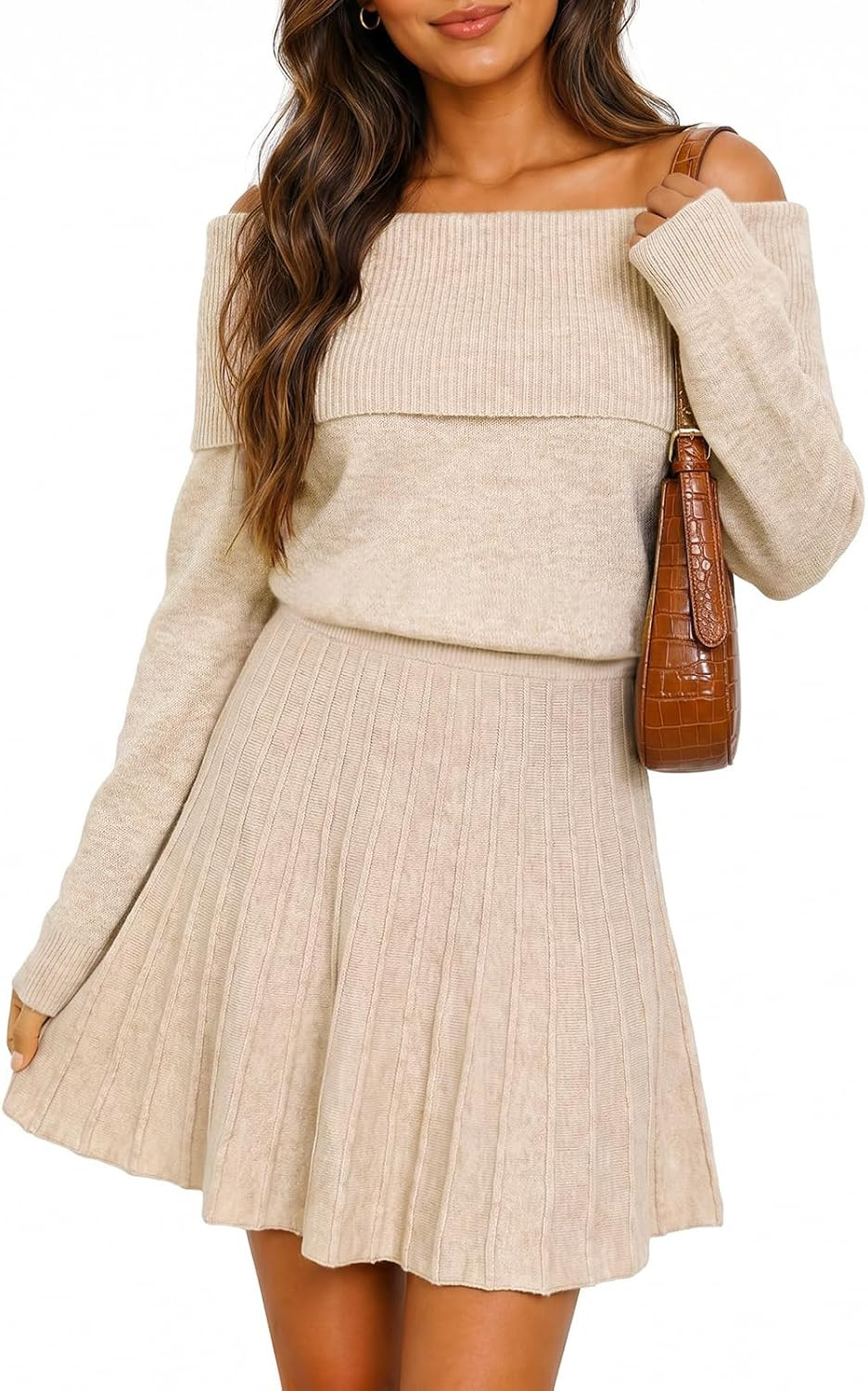 Wenrine Womens Off The Shoulder Sweater Dress Knit Pleated Mini Dresses | Amazon (US)