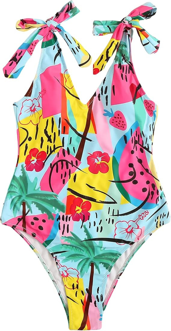 WDIRARA Women's Tropical Print Knot Scoop Neck Sleeveless One Piece Swimsuit | Amazon (US)