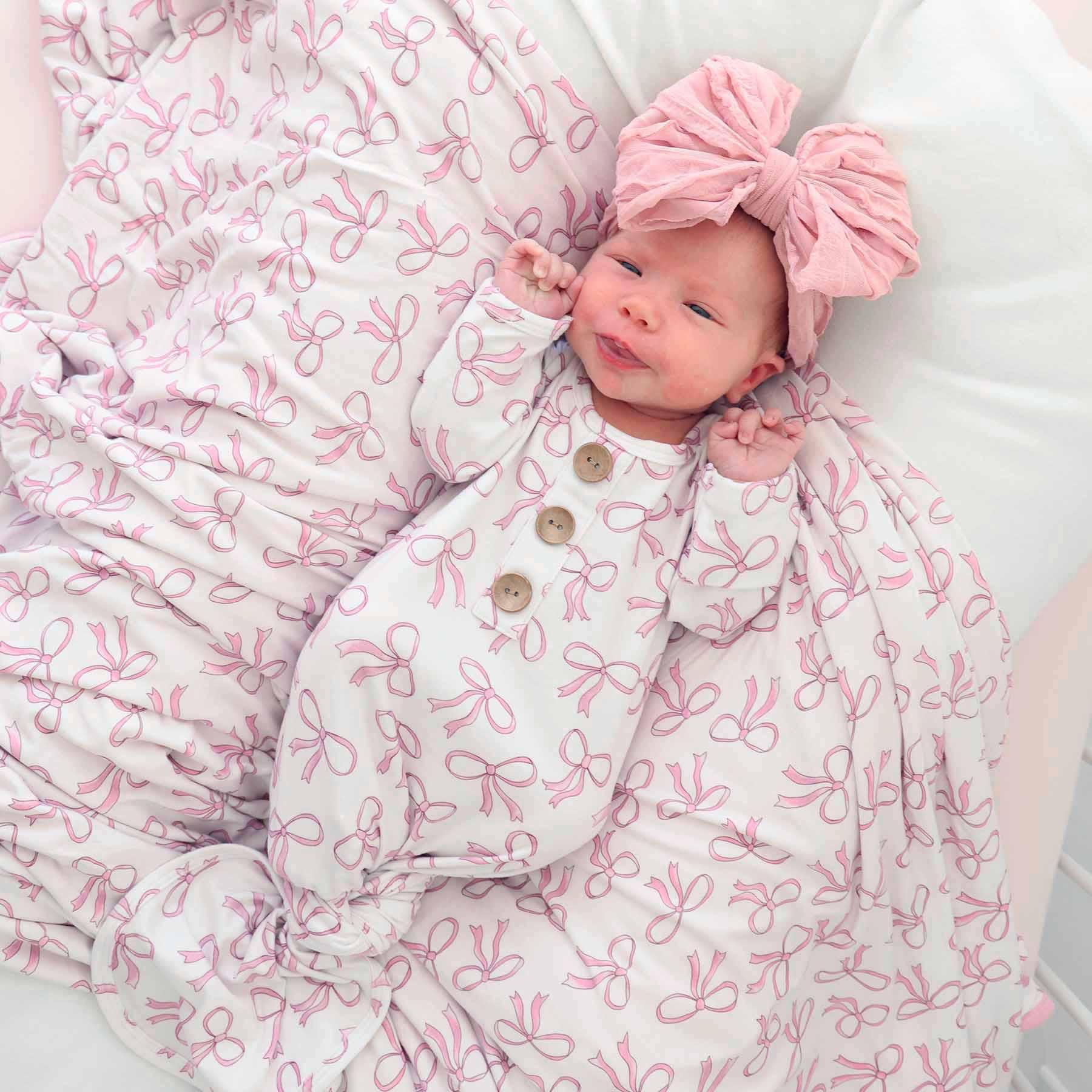 Blushing Bows Newborn Baby Knot Gown & Hat Set | Caden Lane