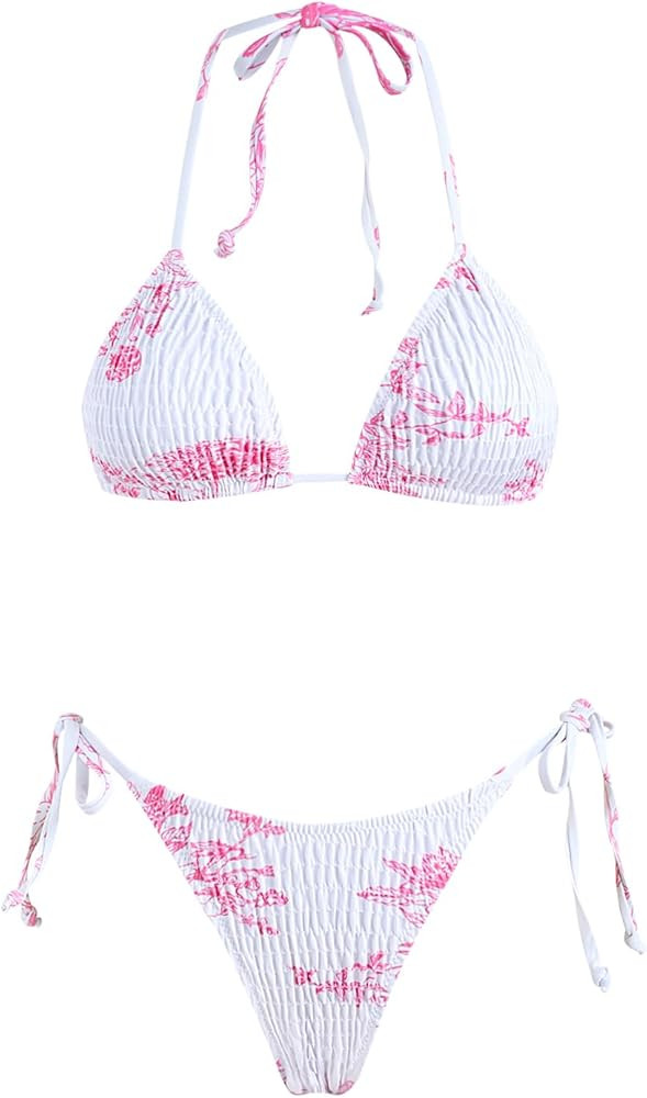 VOLAFA Women's Triangle Bikini Set String Swimsuit Print Tie Smocked Ruched Two Piece Bathing Sui... | Amazon (US)