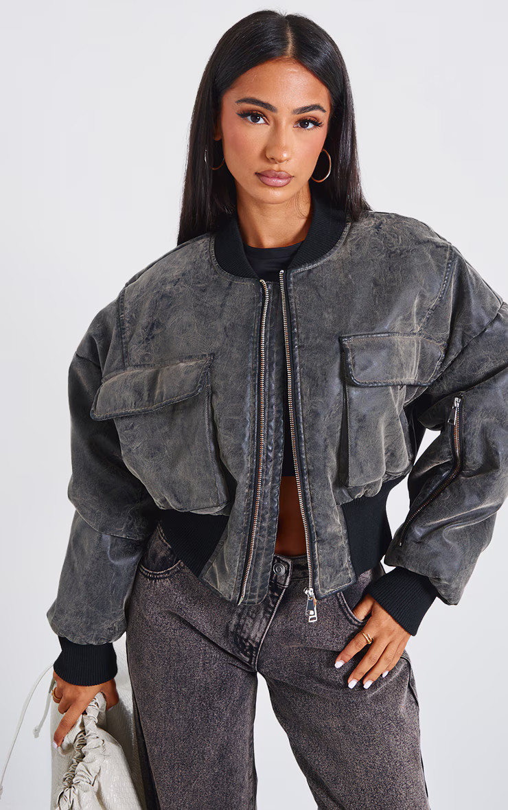 Petite Washed Black Pocket Detail Bomber Jacket | PrettyLittleThing US