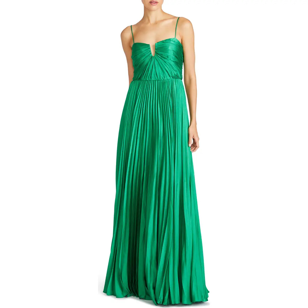 ML Monique Lhuillier Helena Pleated Satin Gown in Clover Green at Nordstrom, Size 4 | Nordstrom