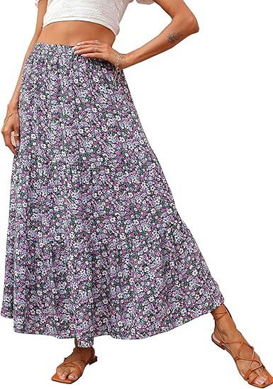 KIRUNDO Summer Women's High Waist Boho Floral Print Pleated Maxi Skirt Casual Flowy Swing A Line ... | Amazon (US)