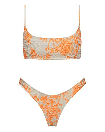 VOLAFA Women's Triangle Bikini Set Smocked Textured Scoop Frilled Print Ruched Elastic Swimsuit T... | Amazon (US)