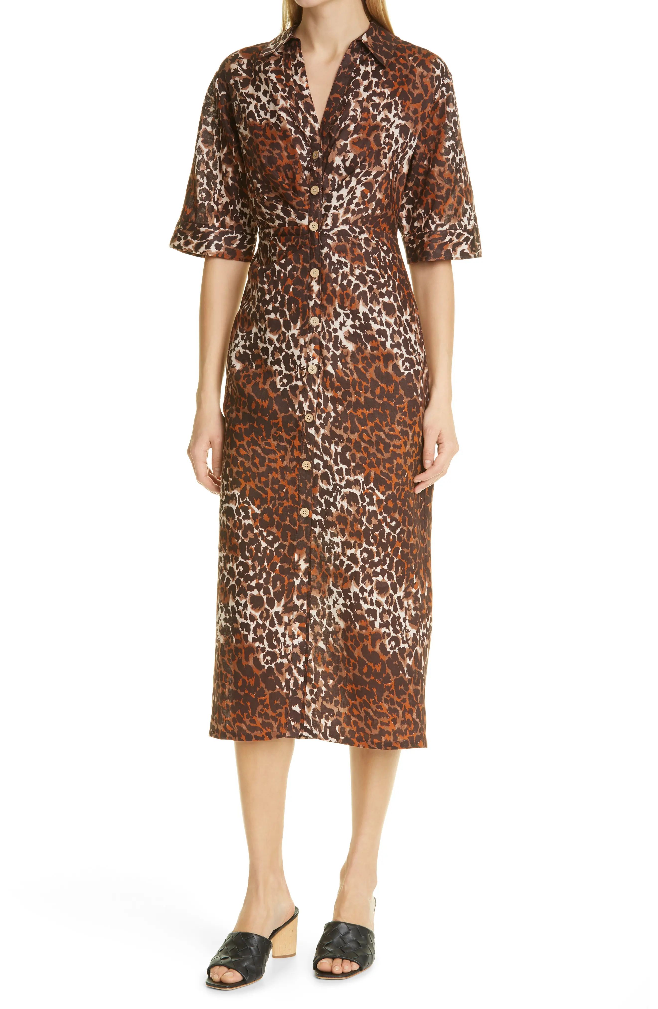 Women's Veronica Beard Seki Leopard Print Linen Midi Dress, Size 00 - Brown | Nordstrom