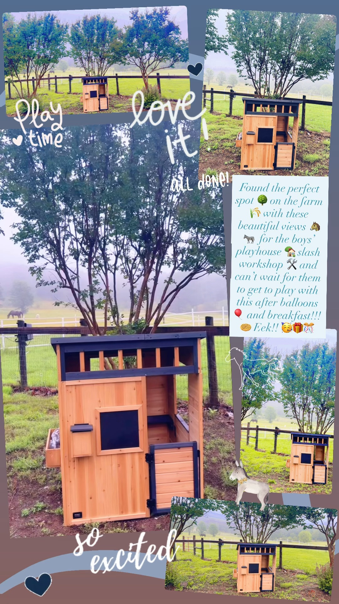 Found the perfect spot 🌳 on the farm 🌾 with these beautiful views 🐴🫏  for the boys’ playhouse 🏡 slash workshop 🛠️ and can’t wait for them to get to play with this after balloons 🎈 and breakfast!!! 🧇 Eek!! 🥳🎁🎊