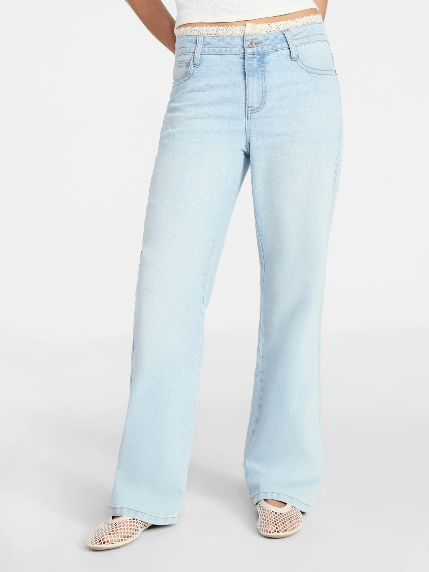 No Boundaries Lace Waist Baggy Wide Leg Jeans, 31'' Inseam, Women's 00-18 | Walmart (US)