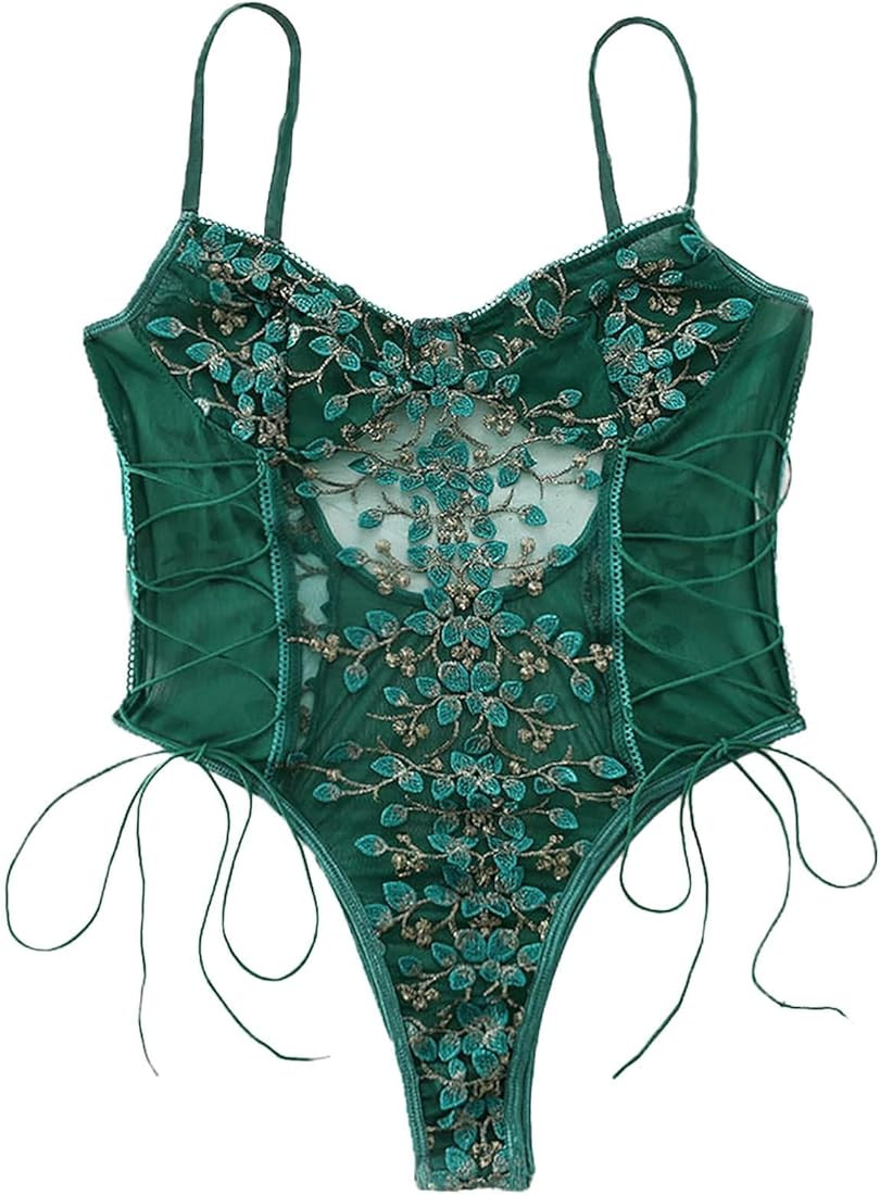 Women Sexy Lace Up Floral Embroidered Teddy Lingerie Bodysuit Top Mesh Sheer One Piece | Amazon (US)