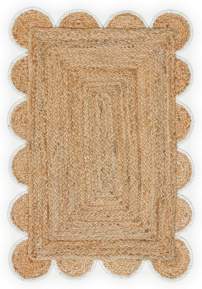 Scalloped Natural Jute Area Rug, Off White Trim, 2'x3' | Amazon (US)
