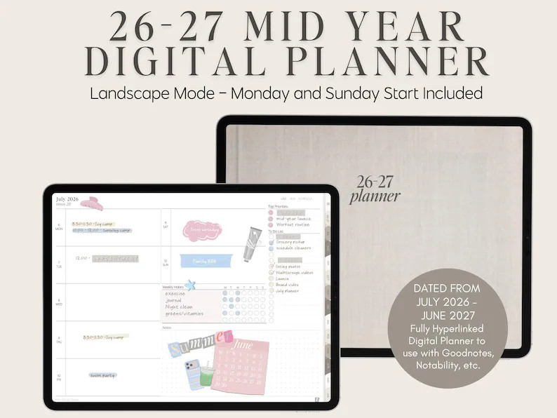 2026 2027 Mid Year Digital Planner by Allie Marie Digital, Landscape, Monthly Weekly Daily for Go... | Etsy (Global)