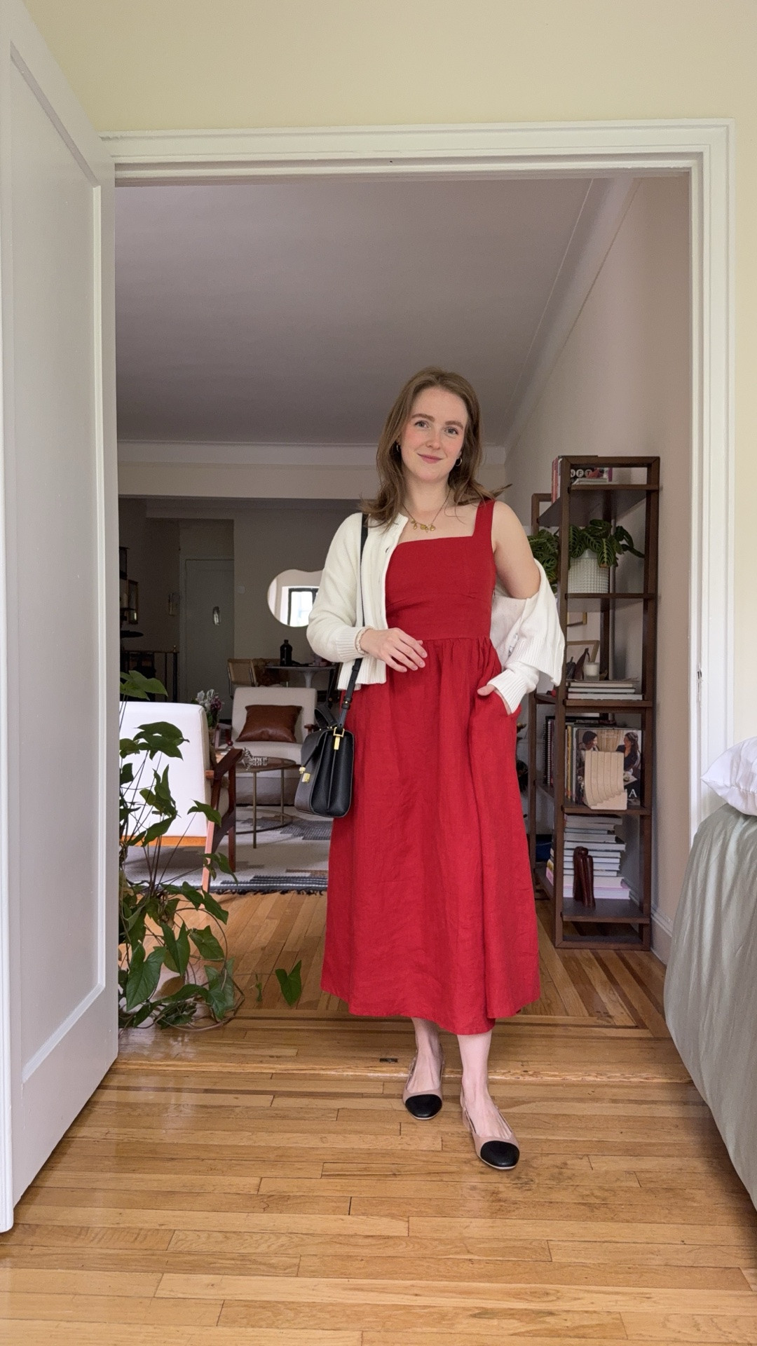 Work wear outfit for spring. Linen dress xs. Pockets and has button adjustable straps. Dress and cardigan free shipping

#LTKWorkwear
