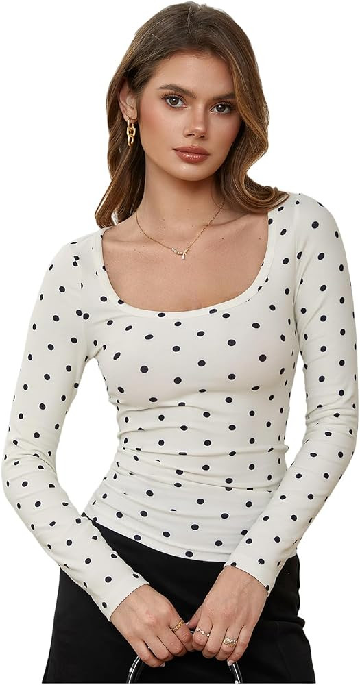 SHENHE Women's Long Sleeve Square Neck Top Polka Dots Slim Fitted Basic Tee Shirt | Amazon (US)