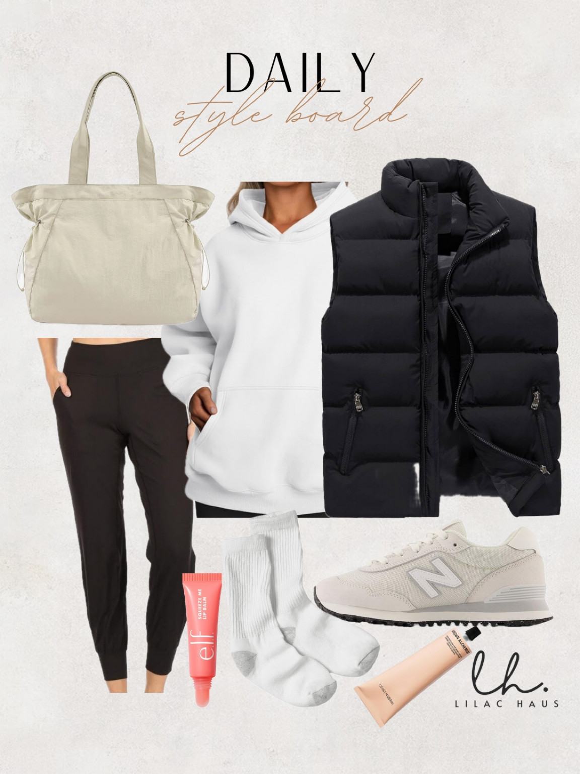 Daily Style Board: Athleisure + School Drop Off Fit. Casual but cute! 
Puffs Vest 
Oversized hoodie 
Joggers 
Sneakers 
Tote bag 

#LTKFindsUnder50 #LTKActive #LTKStyleTip