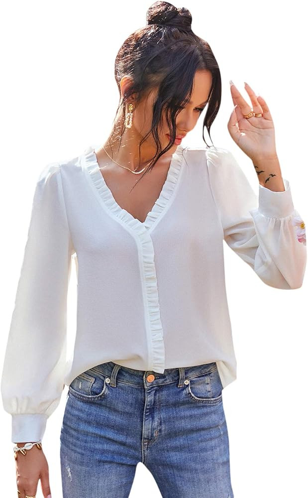 SheIn Women's V Neck Ruffle Trim Puff Long Sleeve Chiffon Blouse Solid Top Shirt | Amazon (US)