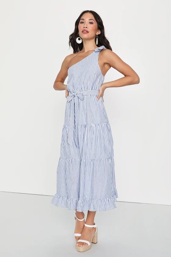 Gleeful Getaway Blue and White Striped One-Shoulder Midi Dress | Lulus