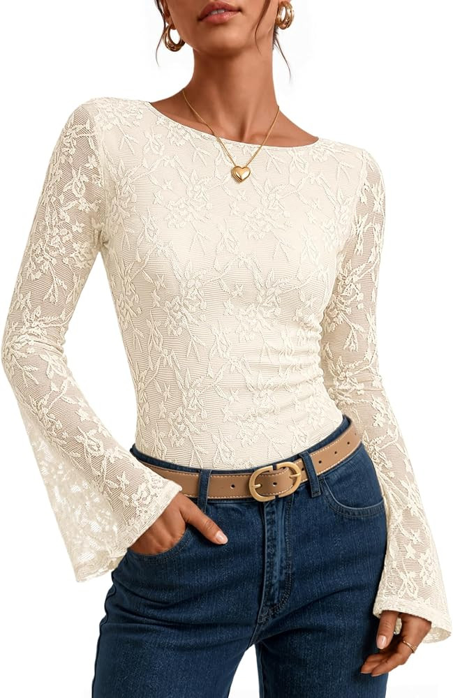 ZESICA Women's Lace Floral Bell Long Sleeve Business Casual Tops | Amazon (US)