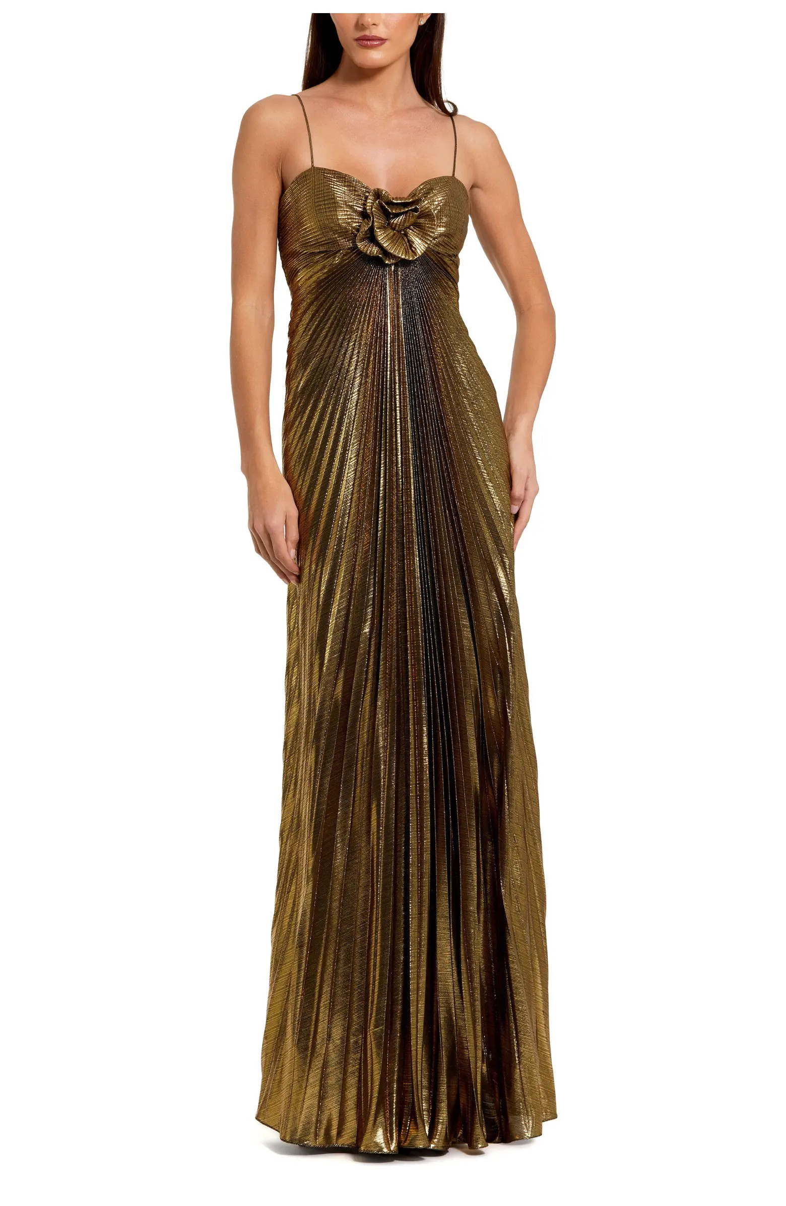 Thin Strap Pleated Metallic Gown With 3D Flower | Nordstrom