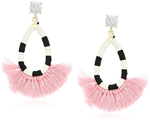 Women's Black & White Tassel Fan Post Drop Earrings, Pink, One Size | Amazon (US)