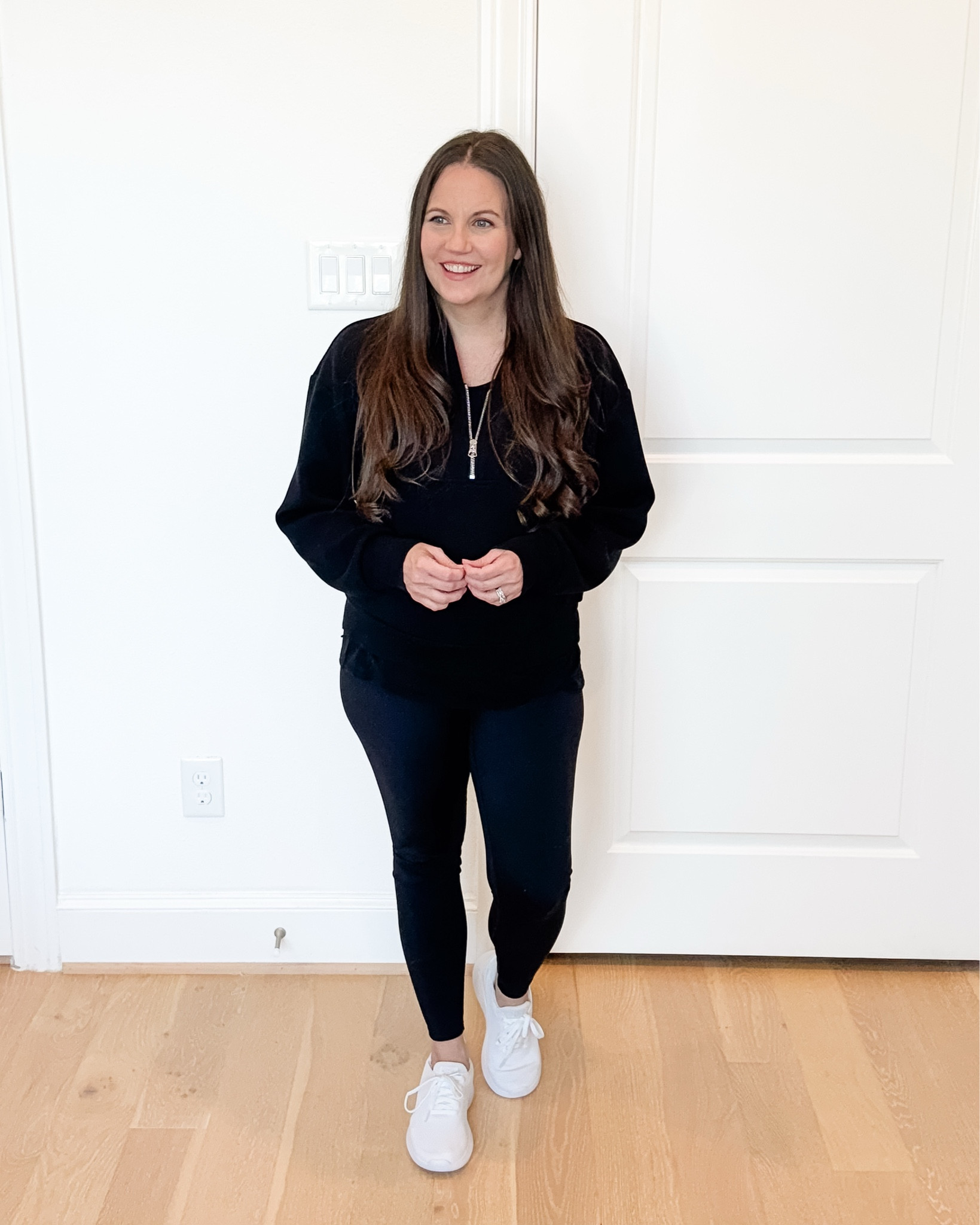Keeping things simple with chic maternity athleisure this season. If you’re looking for maternity outfits that double as workout clothes, this all black outfit is perfect. Love the black half zip pullover sweater layered over black maternity tees with supportive over the belly pregnancy leggings and classic white sneakers.
Works for fall outfits, winter outfits, and even easy weekend loungewear.
Linking everything below ✨


#LTKActive #LTKOver40 #LTKBump