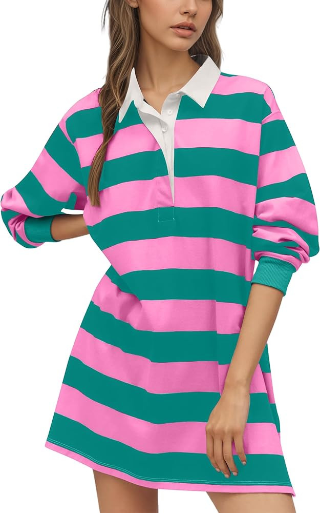 Striped Polo Shirts Mini Dresses for Women Button V Neck Long Sleeve Short Dress Color Block Pull... | Amazon (US)