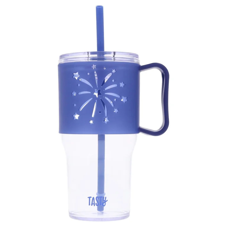 Tasty 40 oz Plastic Tumbler with Lid and Straw, Glow-in-the-Dark Handle, Fireworks Design, Royal ... | Walmart (US)