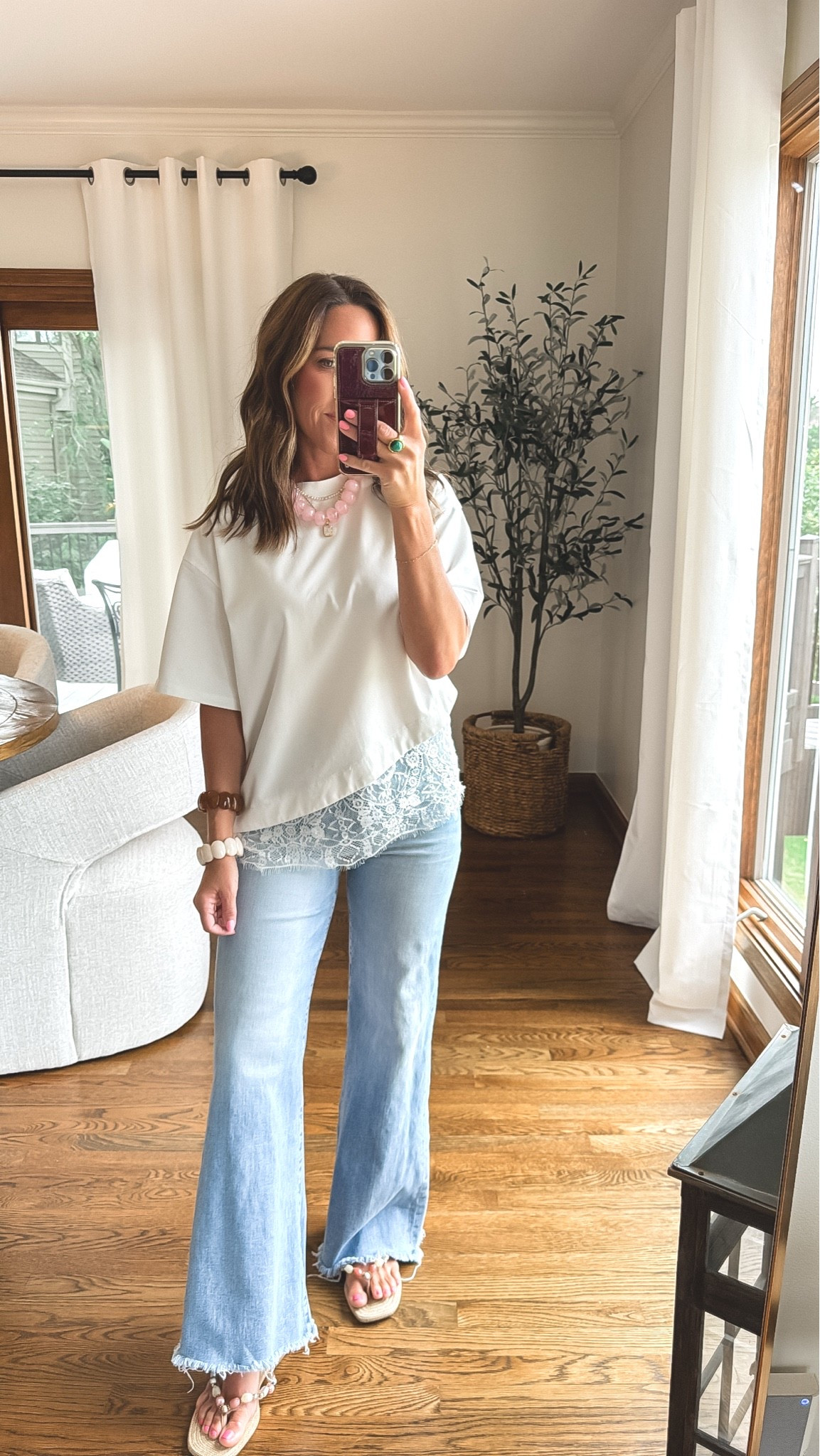 Lace detail tee and jeans. 
Small tee
Jeans tts, I cut the hem.

#LTKootd #LTKSeasonal