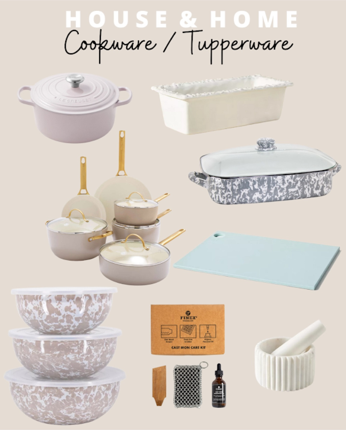 Cooking, baking, and Tupperware finds from my favorites home stores. Dutch oven, loaf baking dish, marbled casserole dish, seasoning mortar, cast-iron pan cleaning set, mixing bowls set, cutting board, pan set

#LTKFind #LTKhome #LTKwedding