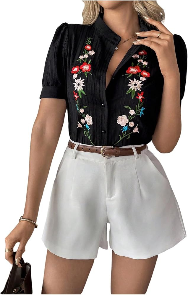 Floerns Women's Floral Embroidery Button Down Shirts Puff Sleeve Dressy Casual Blouse Top | Amazon (US)