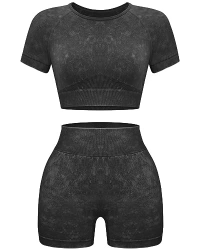 Amazon.com: OLCHEE Womens Workout Sets 2 Piece - Seamless Acid Wash Yoga Outfits Leggings Shorts ... | Amazon (US)