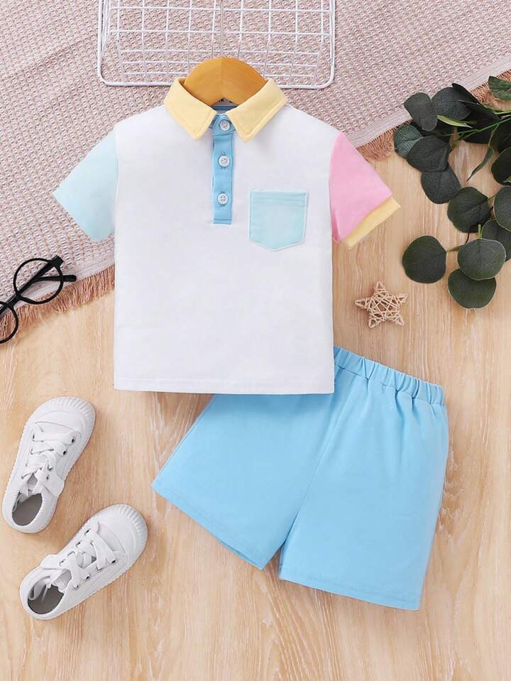 SHEIN Baby Boys' Colorblock Polo Short Sleeve Top With Elastic Waist Shorts Set | SHEIN USA | SHEIN