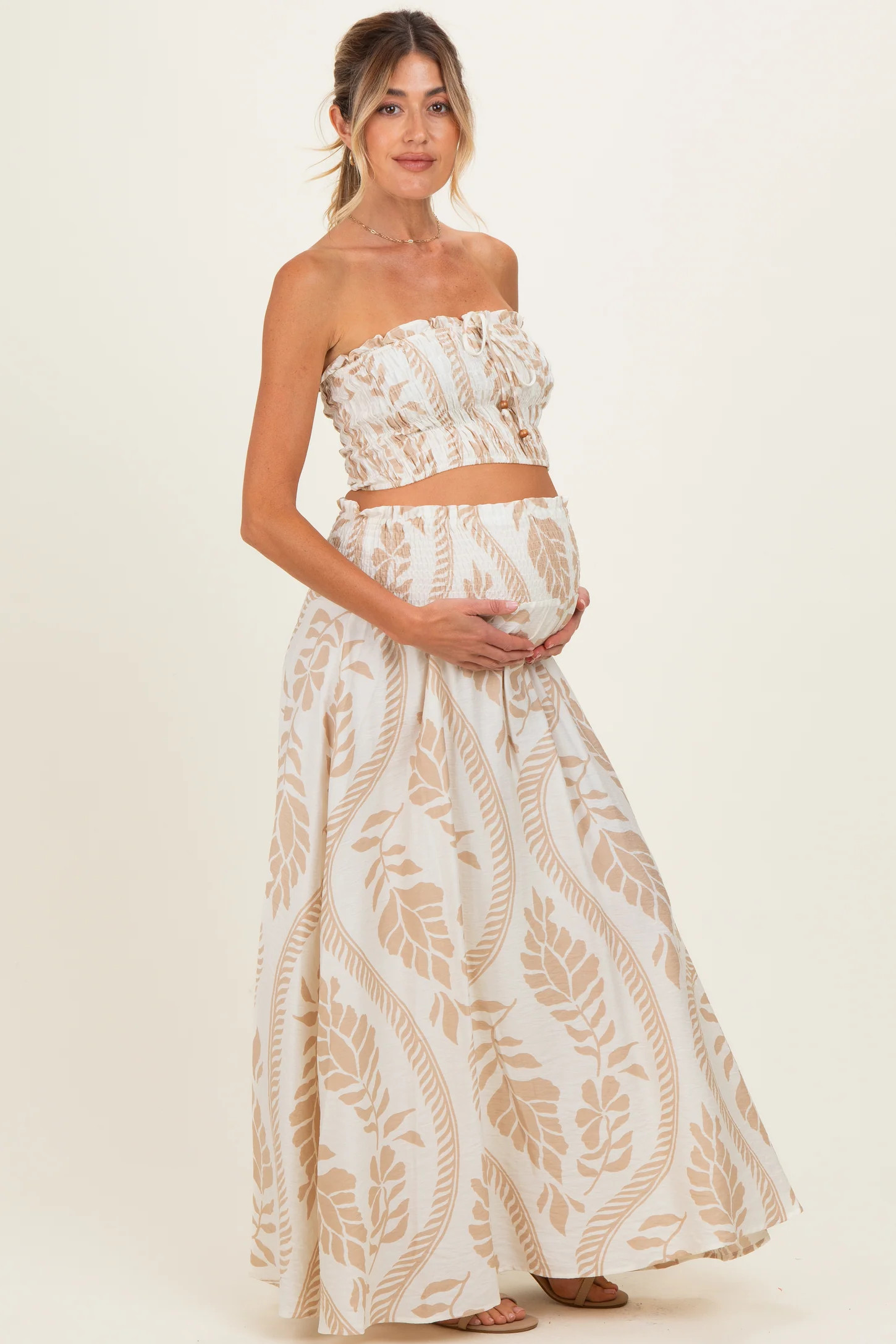 Beige Leaf Print Smocked Crop Top Maxi Skirt Maternity Set | PinkBlush Maternity
