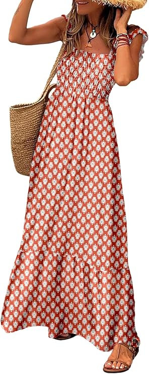 LOLONG Maxi Dress for Women Summer Boho Spaghetti Strap Square Neck Ruffle Beach Sun Dress | Amazon (US)