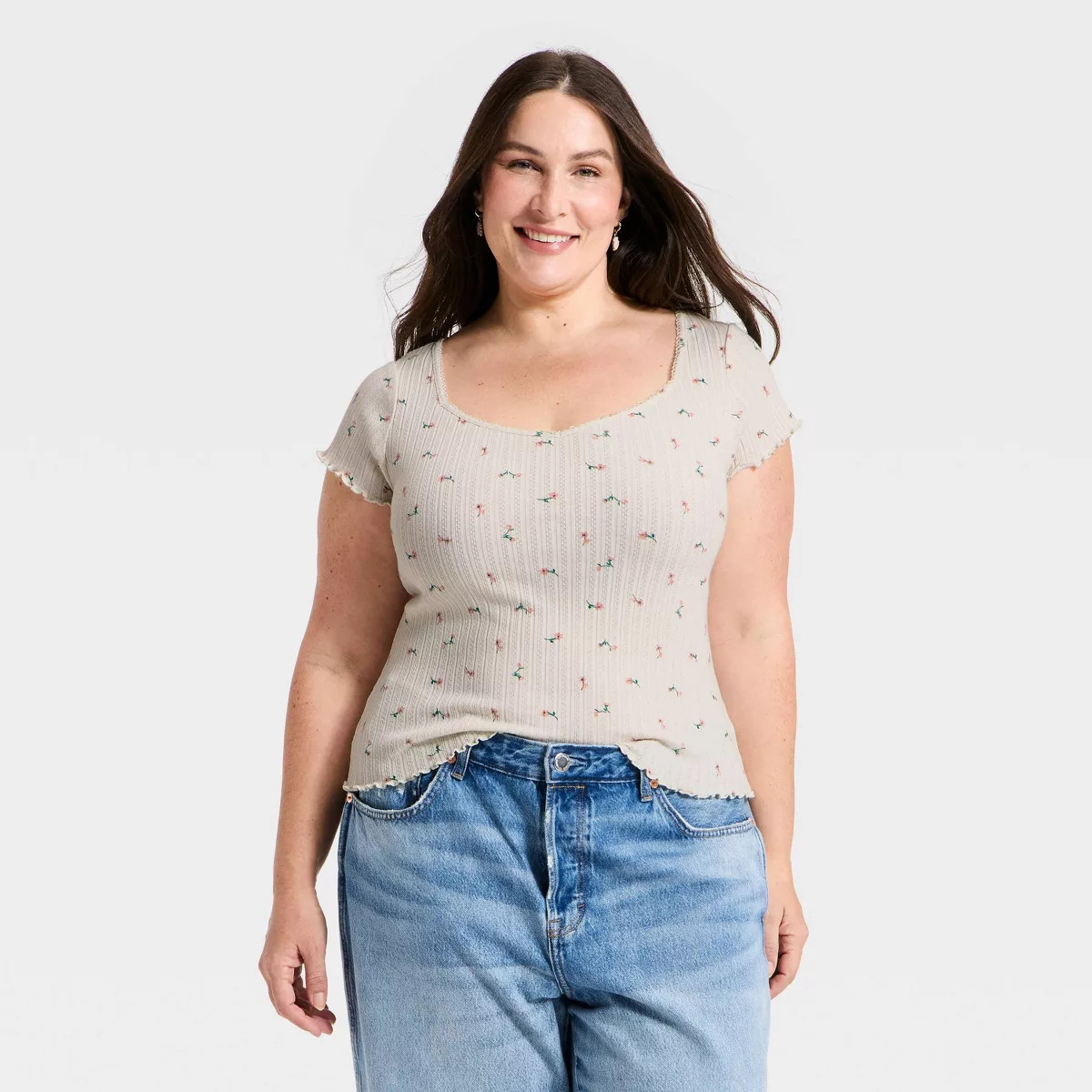 Women's Slim Fit Short Sleeve Pointelle Sweetheart Neck T-Shirt - Universal Thread™ Cream Flora... | Target