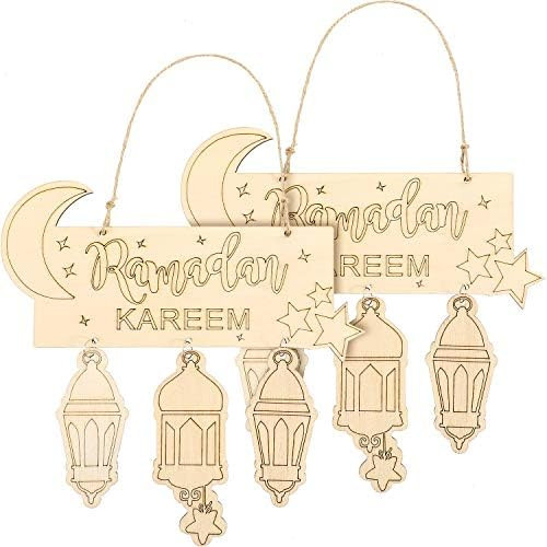 Boao 2 Pieces Islam Ramadan Wooden Hanging Plaque Sign Lantern Pendant Ornament Wall DIY Home Decora | Amazon (US)
