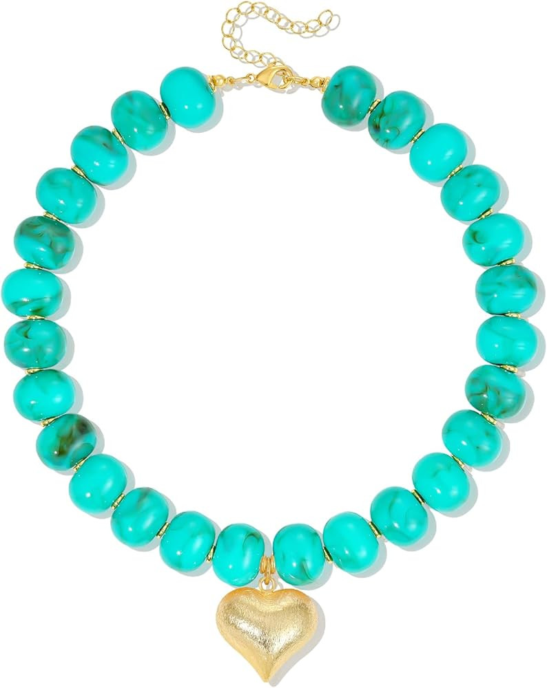 Chunky Resin Beaded Necklace for Women, 14K Gold Plated Brushed Puffy Heart Pendant Choker Summer... | Amazon (US)