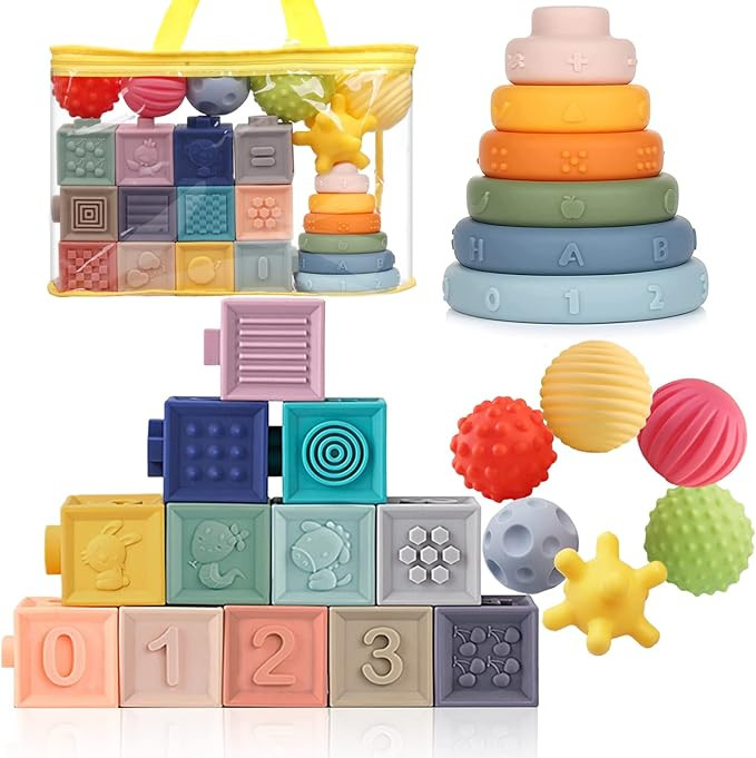 Montessori Toys Soft Stacking Building Blocks Rings Balls Sets 3 in 1 Baby Toys Bundle for Babies... | Amazon (US)