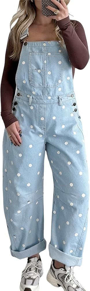 chouyatou Women Y2K Polka Dot Denim Bib Overalls Wide Leg Boyfriend Baggy Barrel Jeans Overalls J... | Amazon (US)