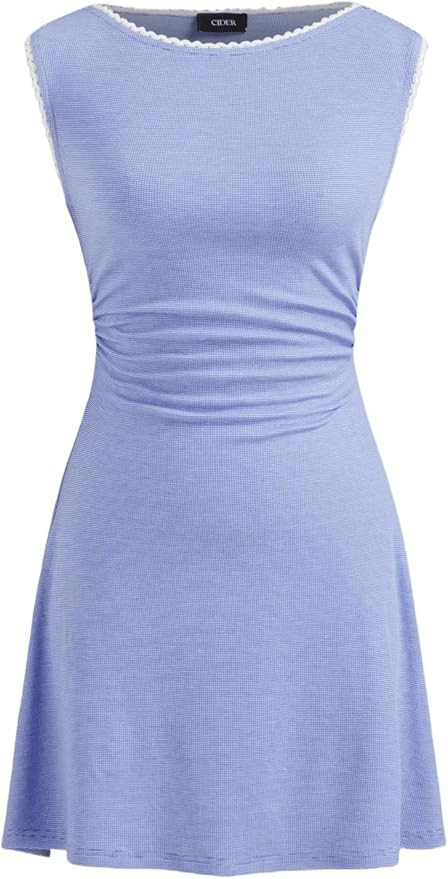 CIDER Women's Cute Summer Mini Dress Boat Neck Sleeveless Ruched Tie Back Casual Dresses Nightgow... | Amazon (US)