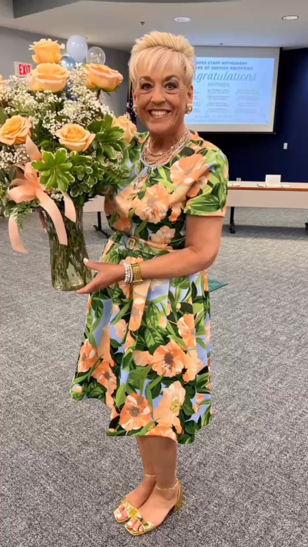 Floral dress
Black and White Cargo Pants
Sequene White Summer Jacket
Silver Metallic Cami
White and Rhinestone Sandals
Graphic Retirement Tshirtt