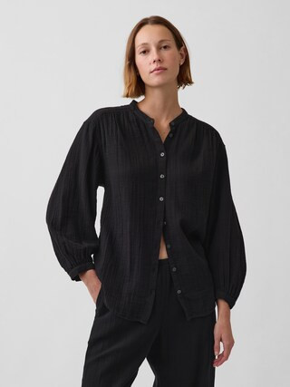 Cotton Gauze Oversized Collarless Shirt | Gap (CA)
