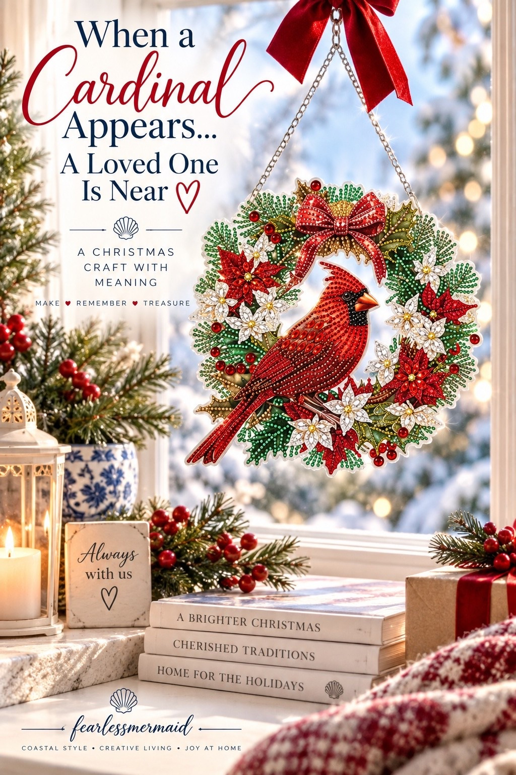 Red cardinal diamond art Christmas wreath hanging in a window with holiday greenery, inspired by the tradition that seeing a cardinal can be a reminder of a loved one.