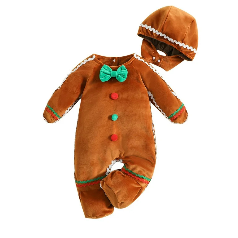 Musuos Toddler Baby Gingerbread Man Rompers Casual Long Sleeve Footed Jumpsuit and Cute Hat for N... | Walmart (US)